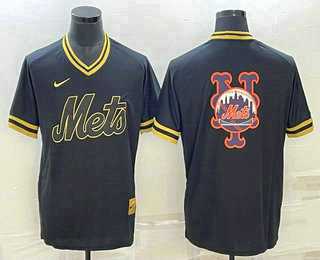 Men%27s New York Mets Big Logo Black Gold Nike Cooperstown Legend V Neck Jersey